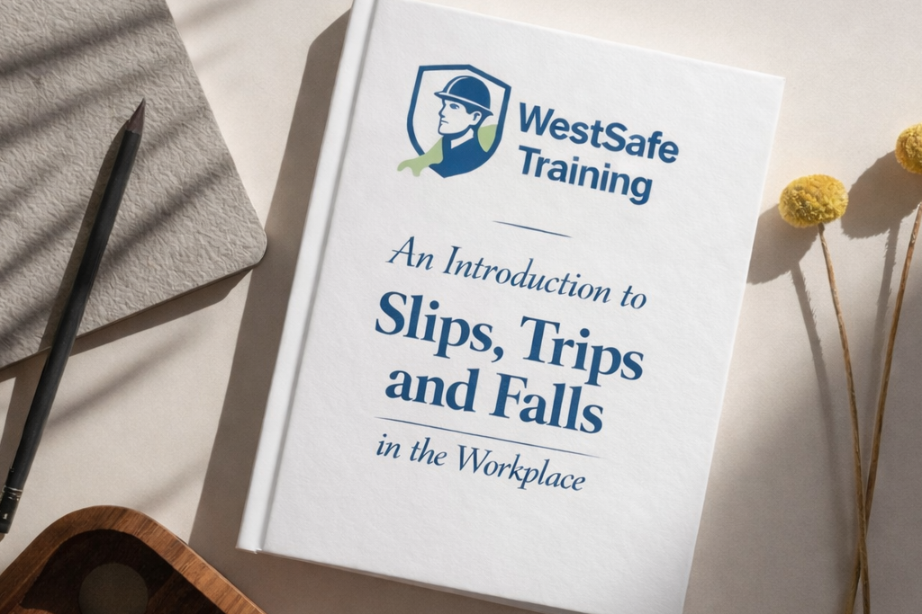 Book titled 'An Introduction to Slips, Trips and Falls in the Workplace' by WestSafe Training on a table with a pen and flowers.