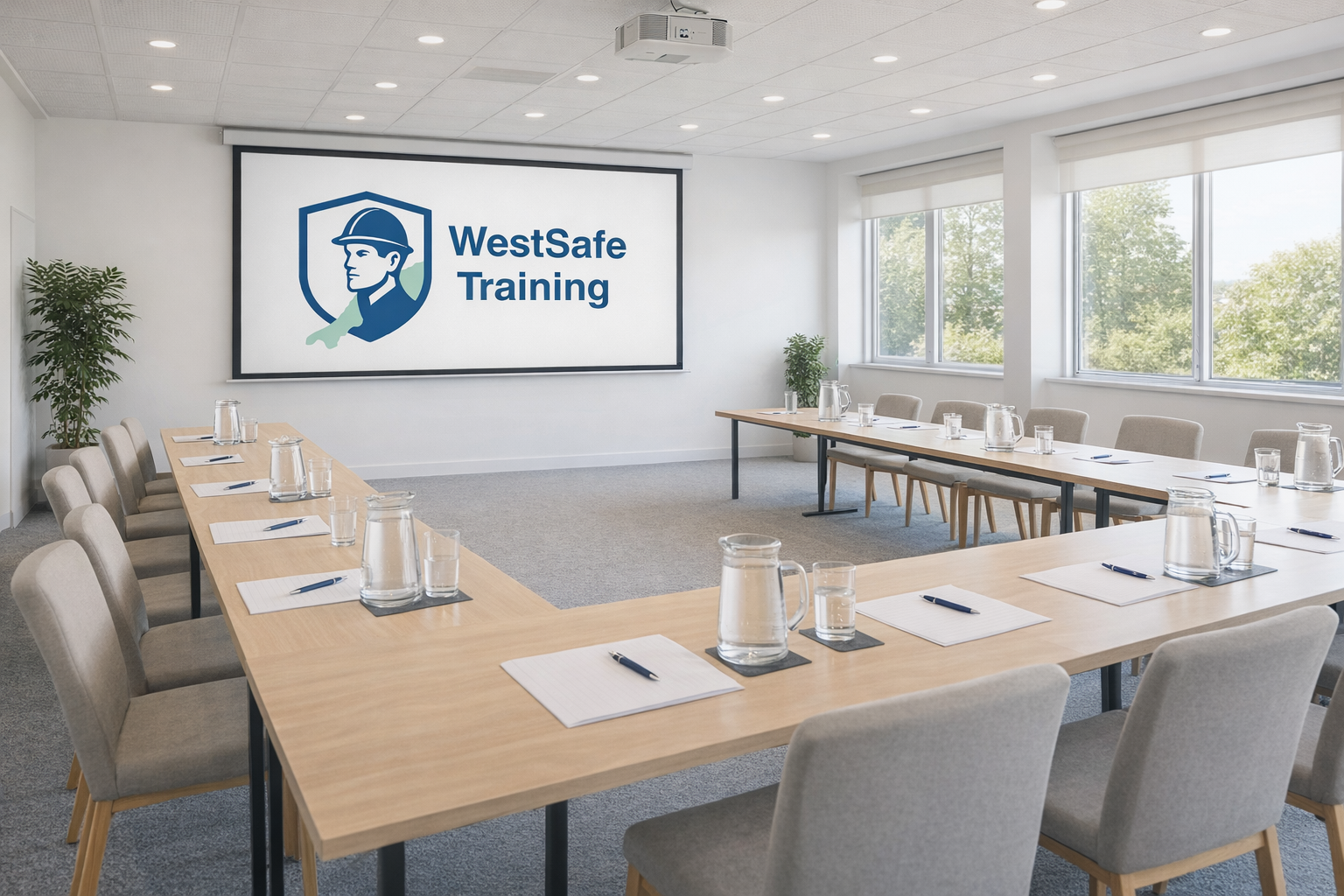 Meeting room with WestSafe Training logo on a screen