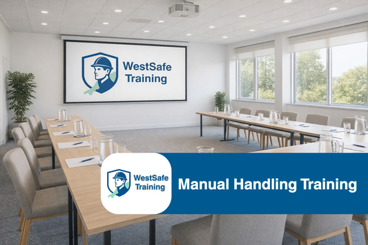 Conference room with WestSafe Training logo on a screen, indicating a training session.